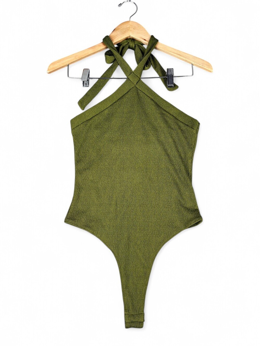 Forever 21 Olive Crinkle Halter Bodysuit Size M